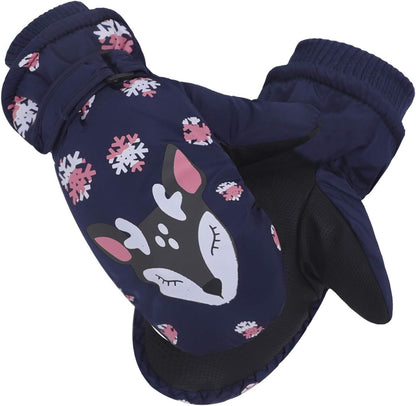 Children's winter gloves dark blue featuring a cute fox design and snowflake patterns