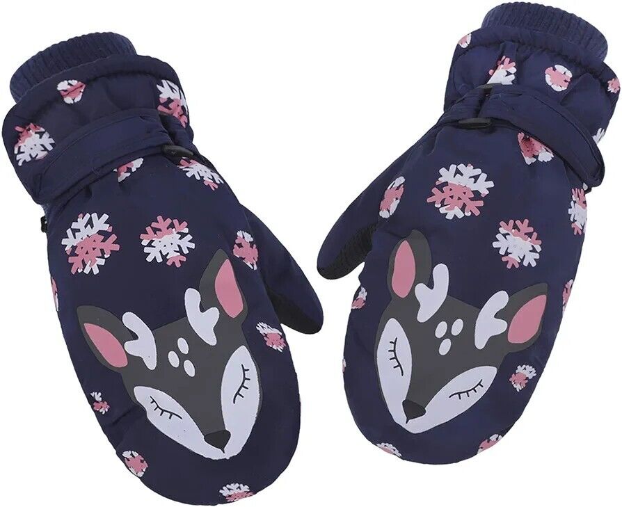 Children's winter gloves dark blue with cute deer and snowflake designs for keeping hands warm