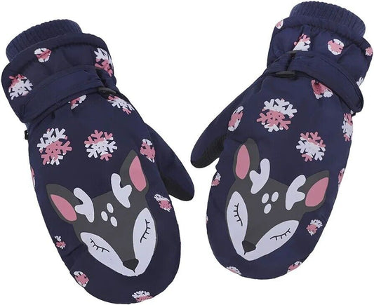 Children's winter gloves dark blue with cute deer and snowflake designs for keeping hands warm