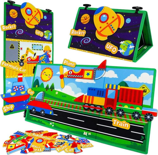 Colourful vehicle puzzle set for kids featuring rockets, cars, and trains for interactive play