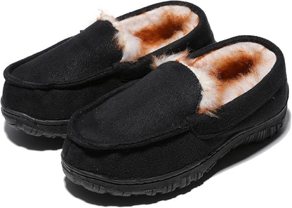 FUPPIA children's moccasin slippers in black with soft fur lining for warmth and comfort