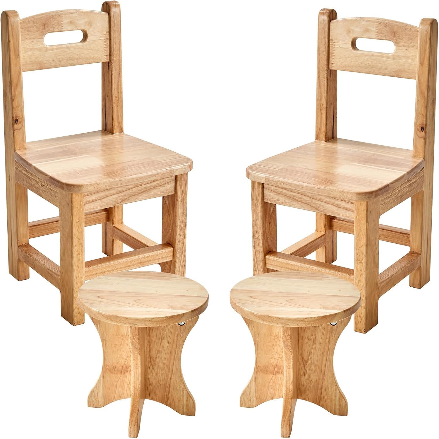 Children's wooden chair and stool set with two sturdy chairs and two matching stools for versatile play