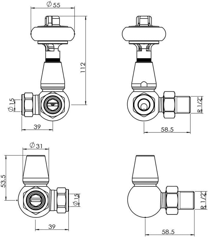 Chrome thermostatic radiator valve with detailed measurements for precise installation and control