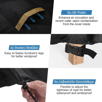 VANSHEIM circular garden furniture cover featuring air vents, secure buckles, and adjustable drawstrings