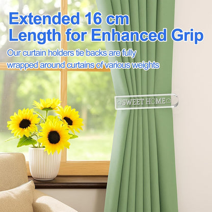 Clear acrylic curtain holdbacks with 16 cm length for enhanced grip on various curtain weights