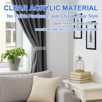 Clear acrylic curtain holdbacks in a modern living room setting with sleek decor and grey curtains