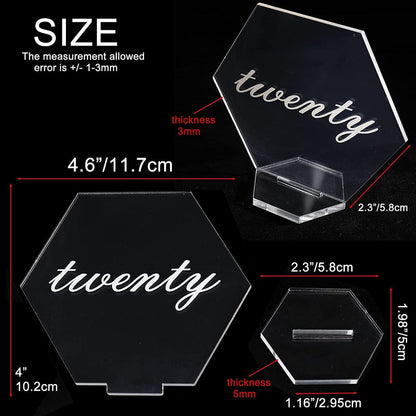 Clear acrylic table number cards in hexagon shape, perfect for elegant dining settings