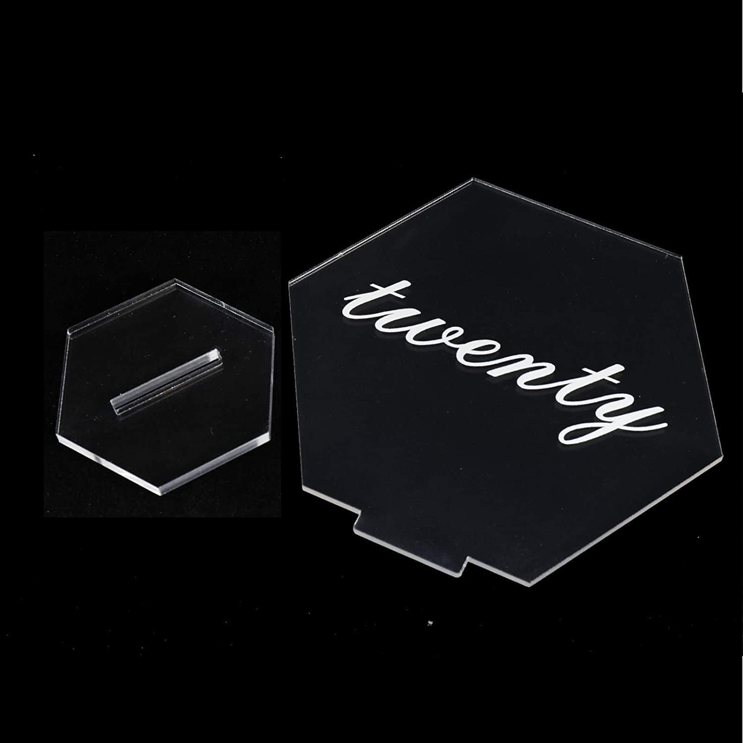 Clear acrylic table number cards in hexagon shape for elegant event decor