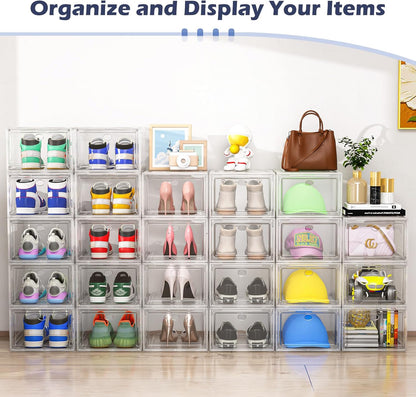 Clear shoe storage box set stacked neatly to organise and display various footwear and accessories