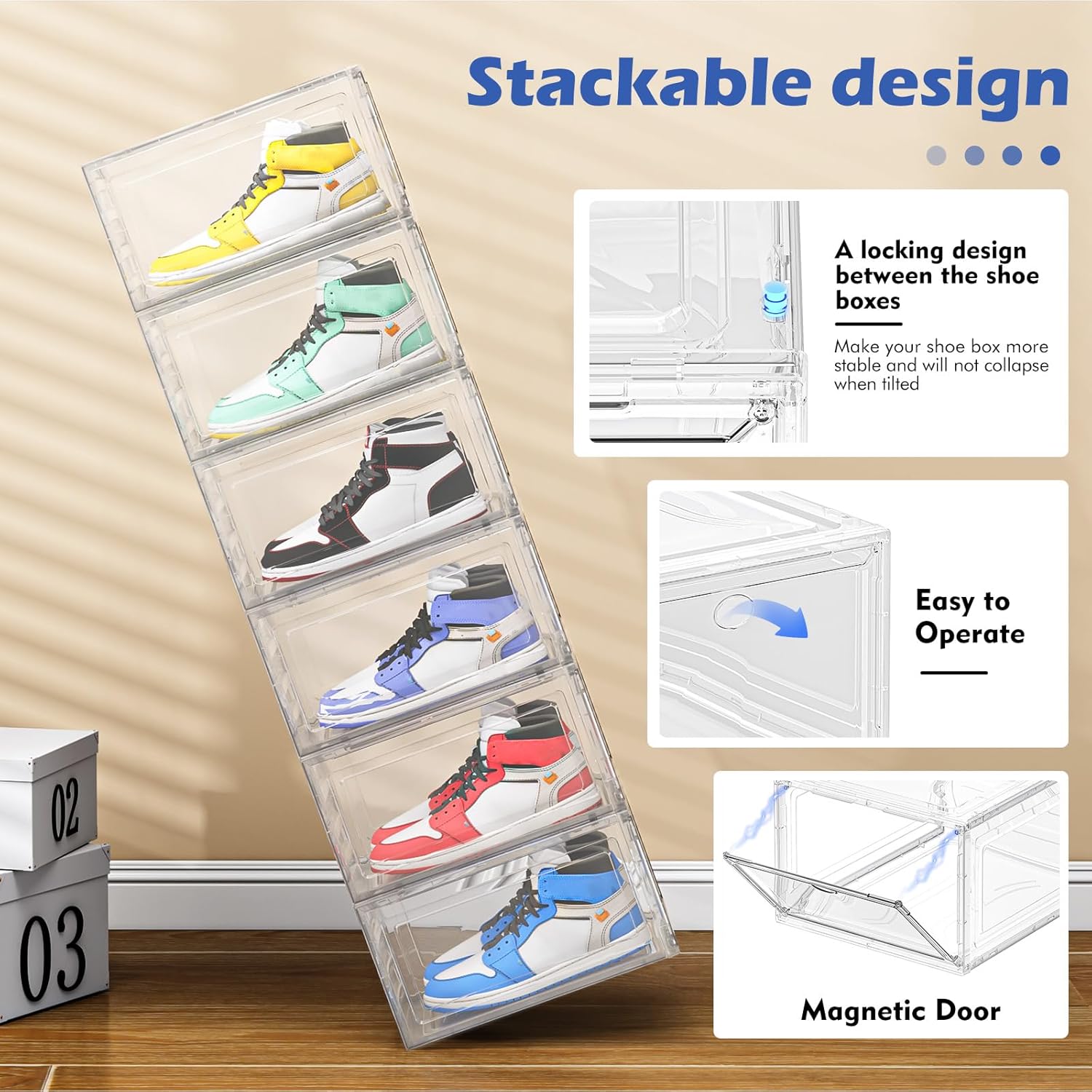 Clear shoe storage box set with stackable design and magnetic door for easy access