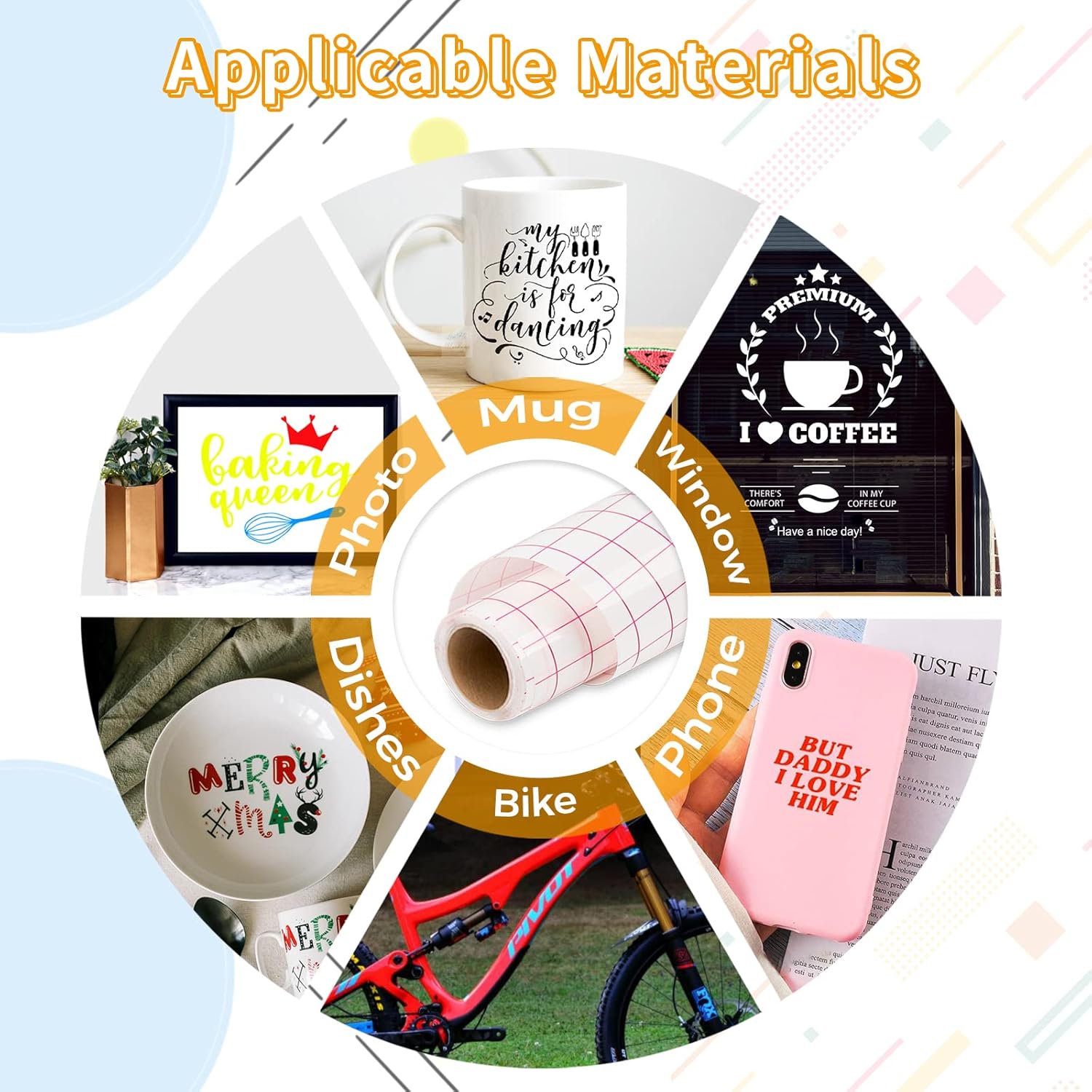 Clear transfer tape for vinyl suitable for mugs, photos, and bike decals