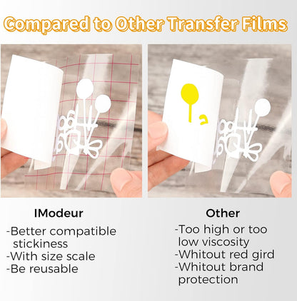 IModeur clear transfer tape for vinyl showcasing superior stickiness and size scale compared to other films
