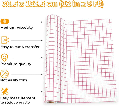 Clear transfer tape for vinyl 12 inch by 5 feet with grid pattern for easy cutting and transfer