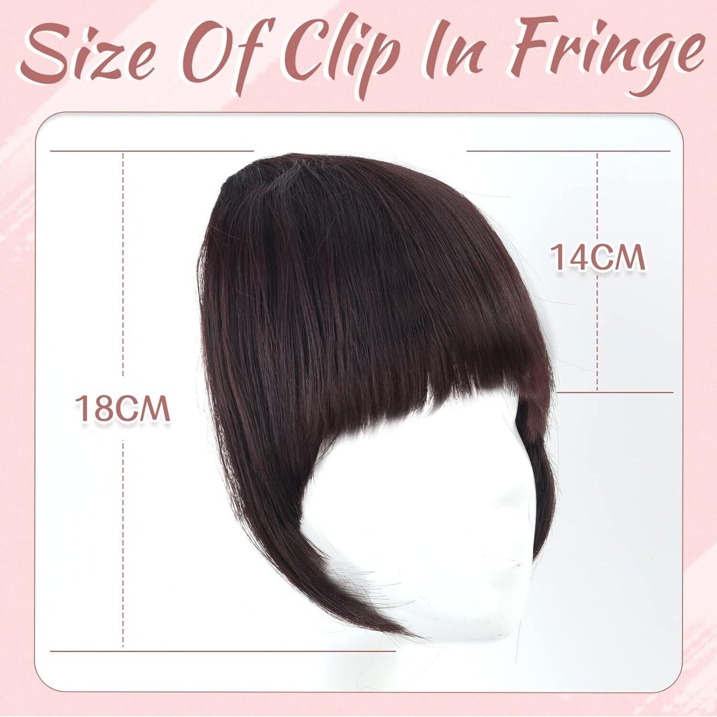 8 inch clip in fringe bangs in dark colour with length dimensions displayed for styling guidance