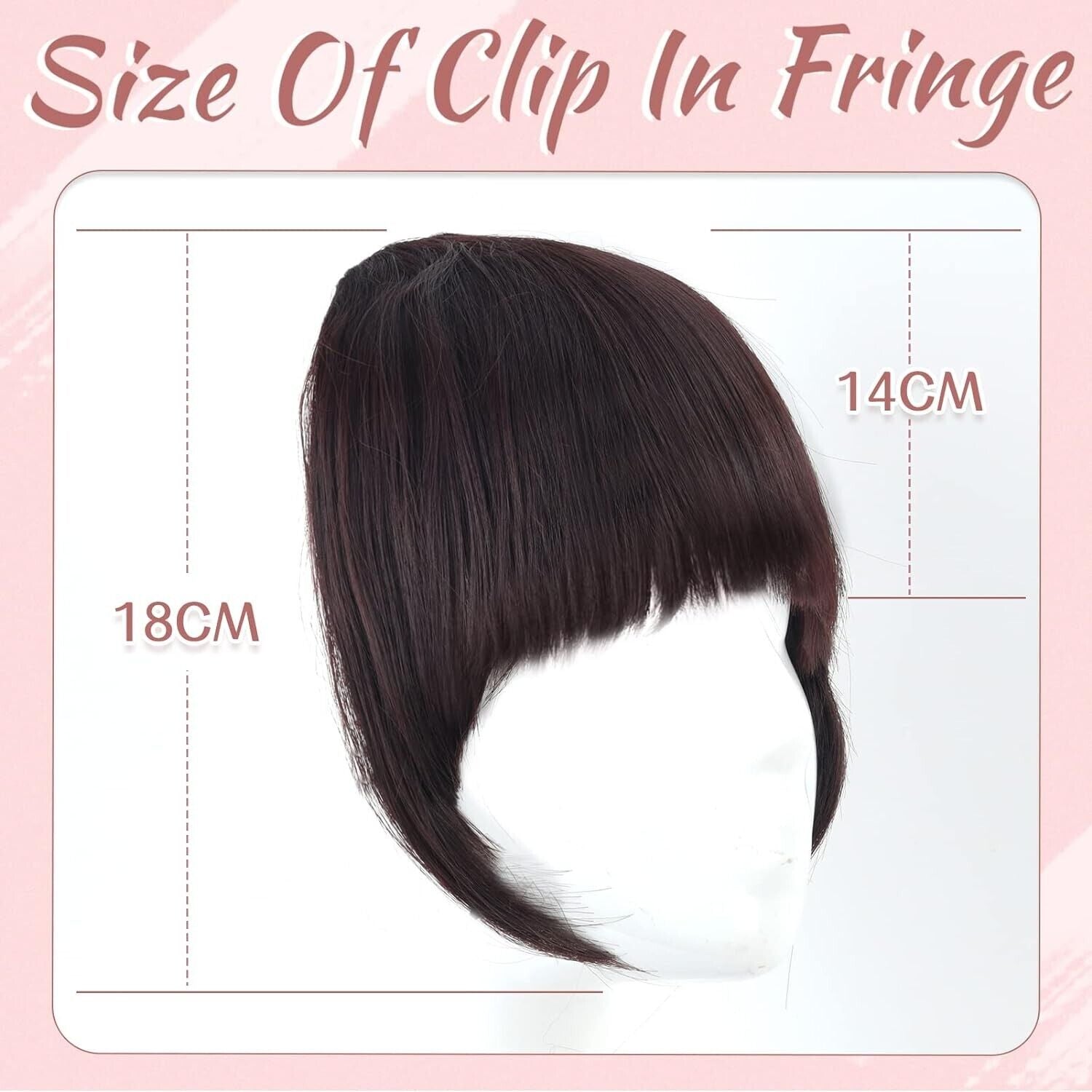 8 inch clip in fringe bangs in dark colour with length dimensions displayed for styling guidance