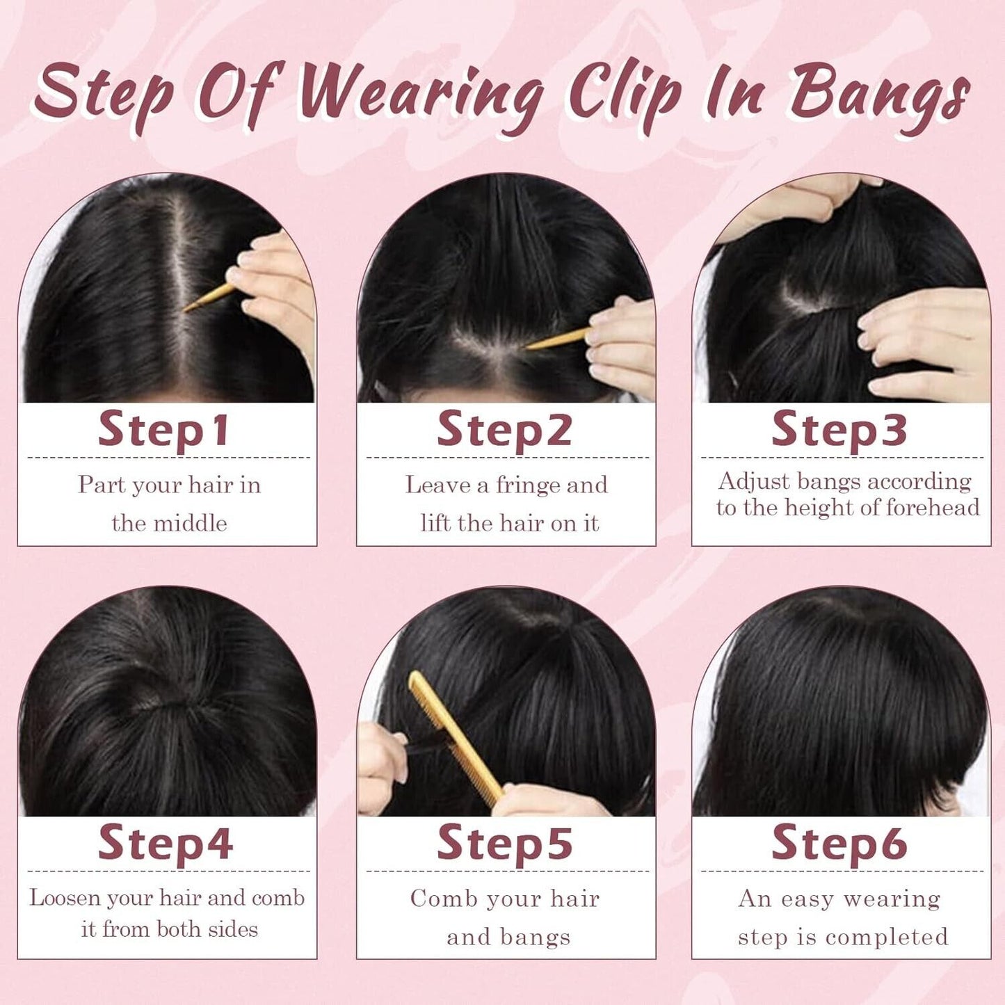 Step by step guide for wearing 8 inch clip in fringe bangs with hair and comb illustrations