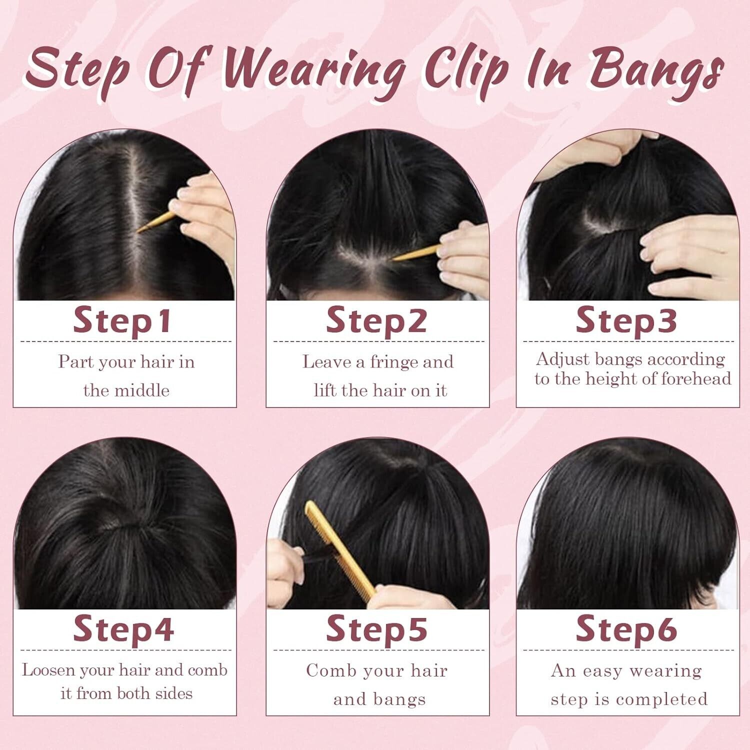 Step by step guide for wearing 8 inch clip in fringe bangs with hair and comb illustrations