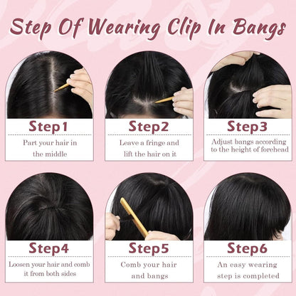 Step by step guide for wearing 8 inch clip in fringe bangs with hair and comb illustrations