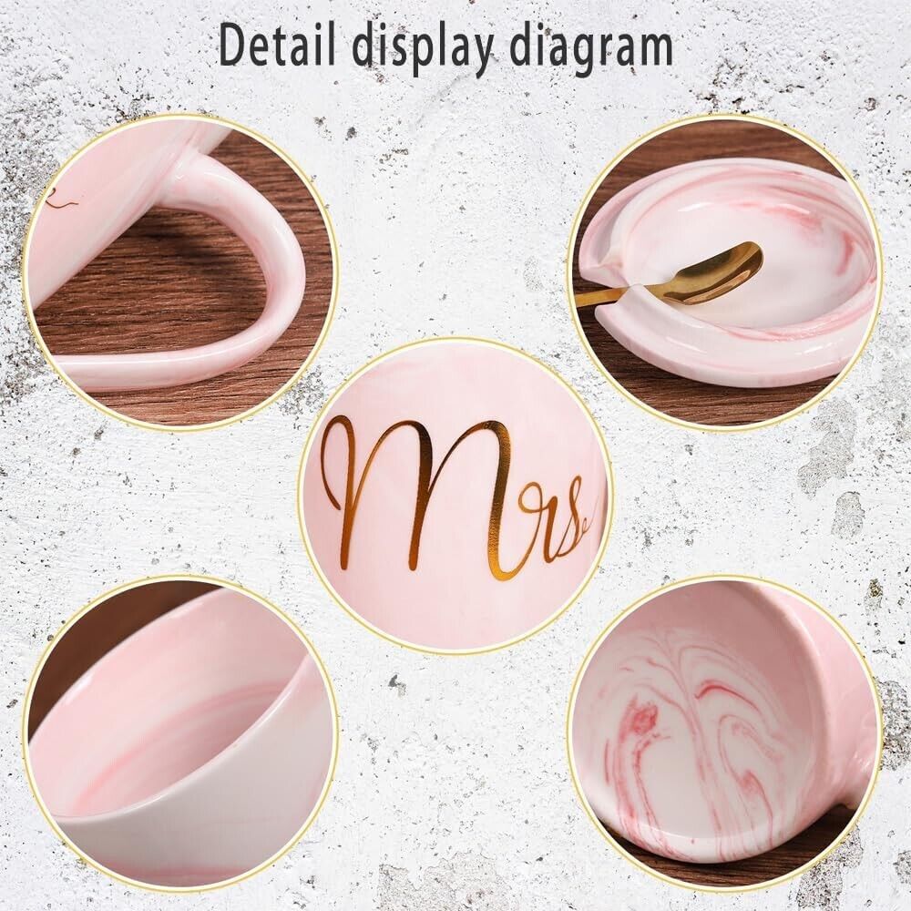 Elegant pink Mrs coffee mugs for women with a swirled design and luxurious gold lettering