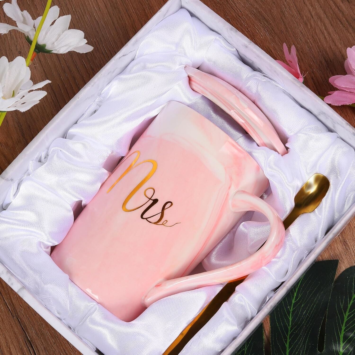 Elegant pink coffee mug for women with 'Mrs' design, presented in a gift box with a gold spoon