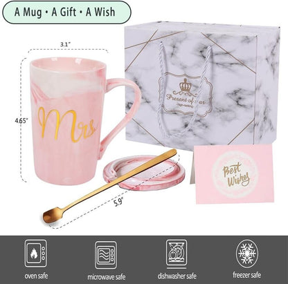 Elegant pink marble coffee mug for women with gold Mrs design, packaged beautifully as a gift
