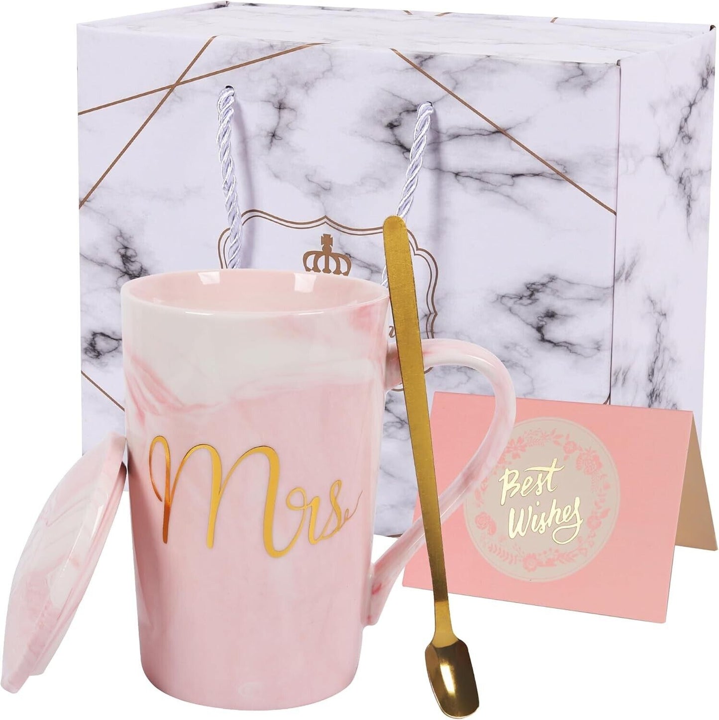 Elegant pink marble coffee mug for women with gold 'Mrs' design, spoon, and gift packaging