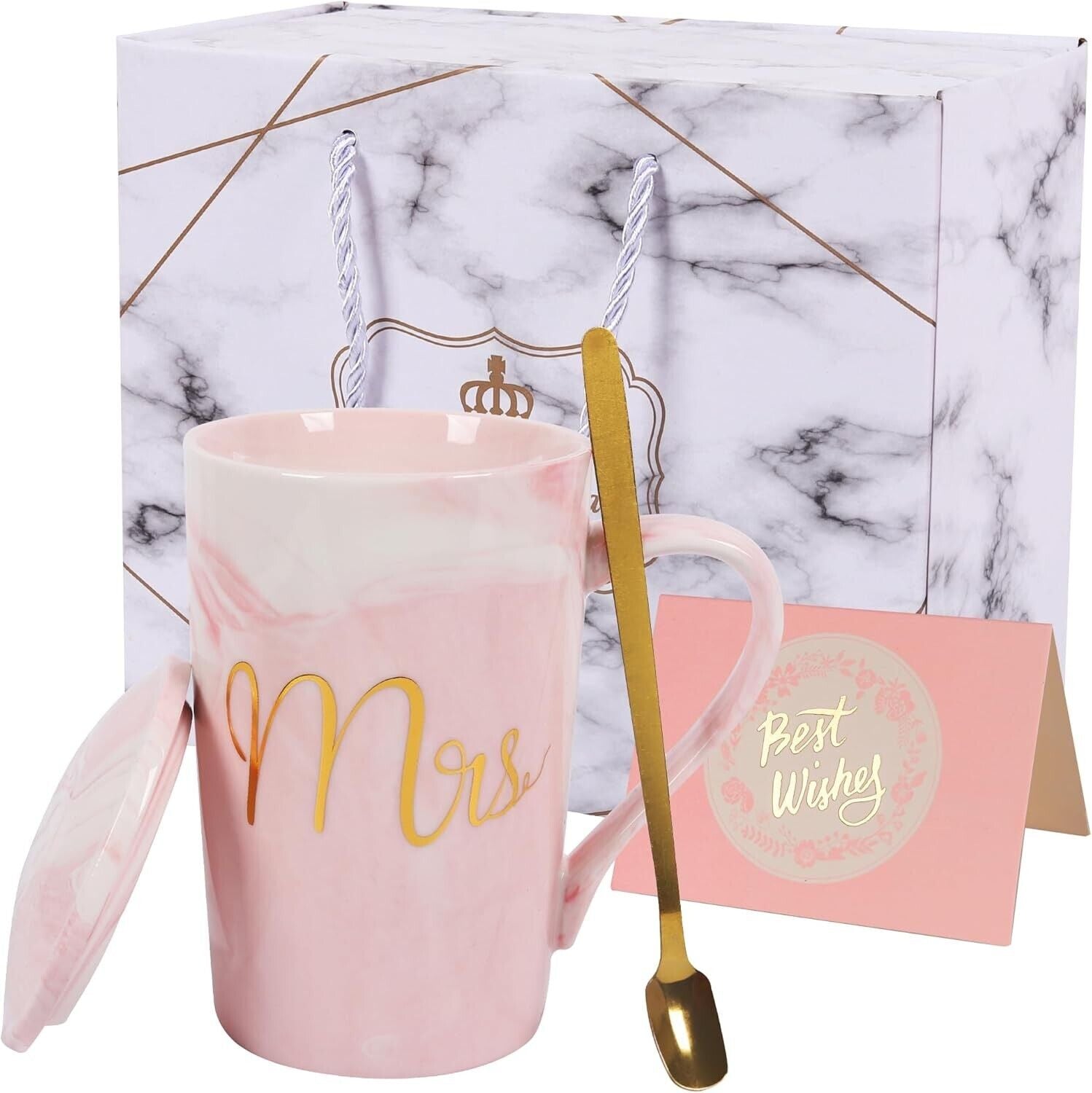 Elegant pink marble coffee mug for women with gold 'Mrs' design, spoon, and gift packaging