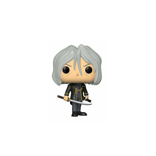 Collectible anime Funko POP figure with silver hair and sword in a detailed costume