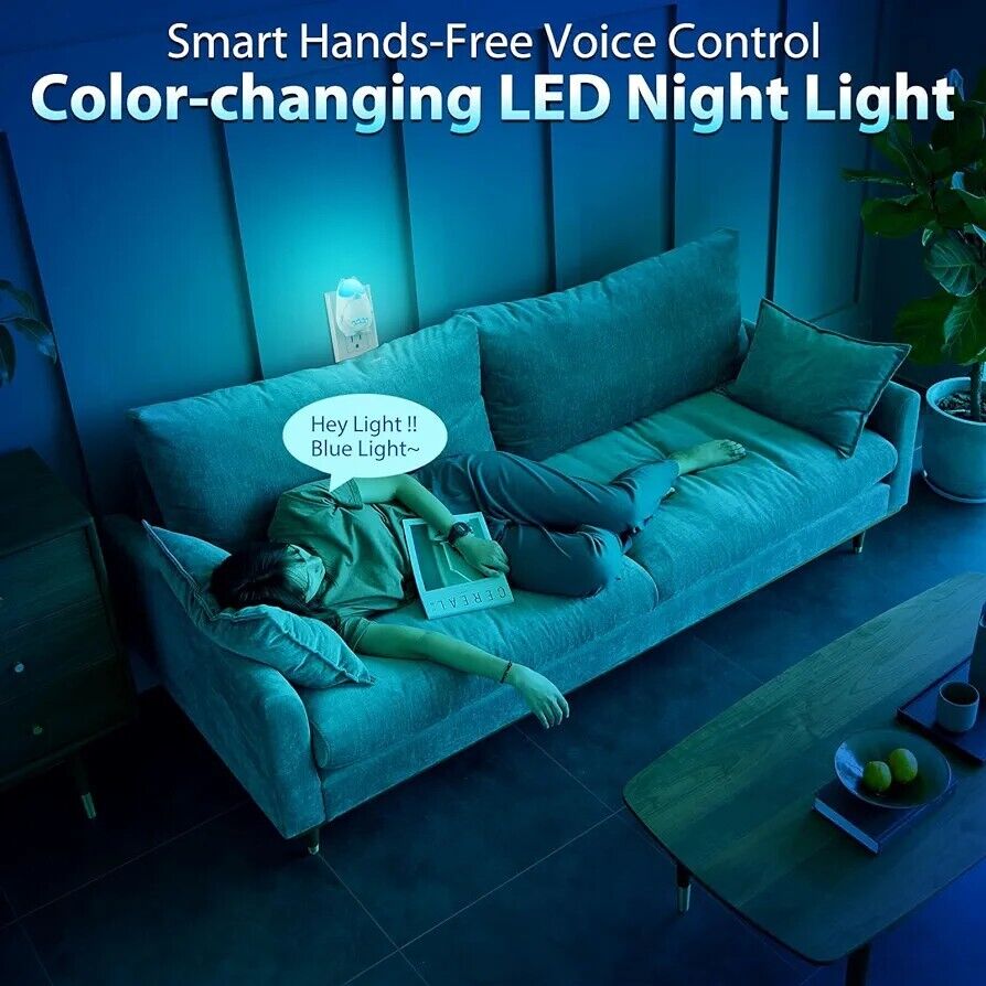 Smart colour changing night light plug in with hands-free voice control in a cosy living room setting