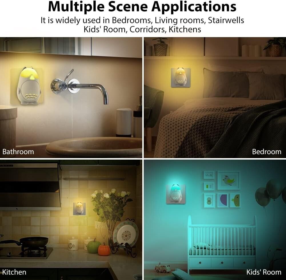Colour changing night light plug in displayed in bathroom, bedroom, kitchen, and kids' room settings