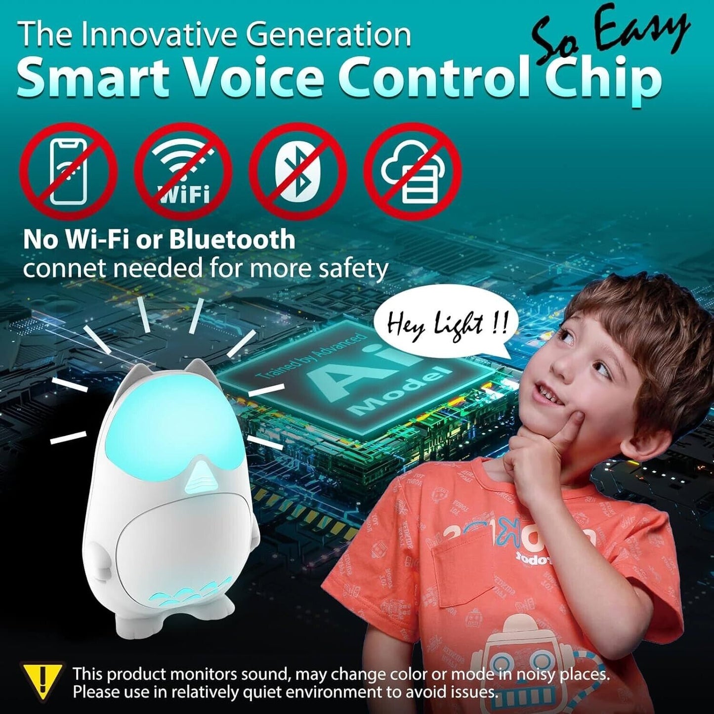 Colour changing night light plug in with smart voice control and child-friendly design
