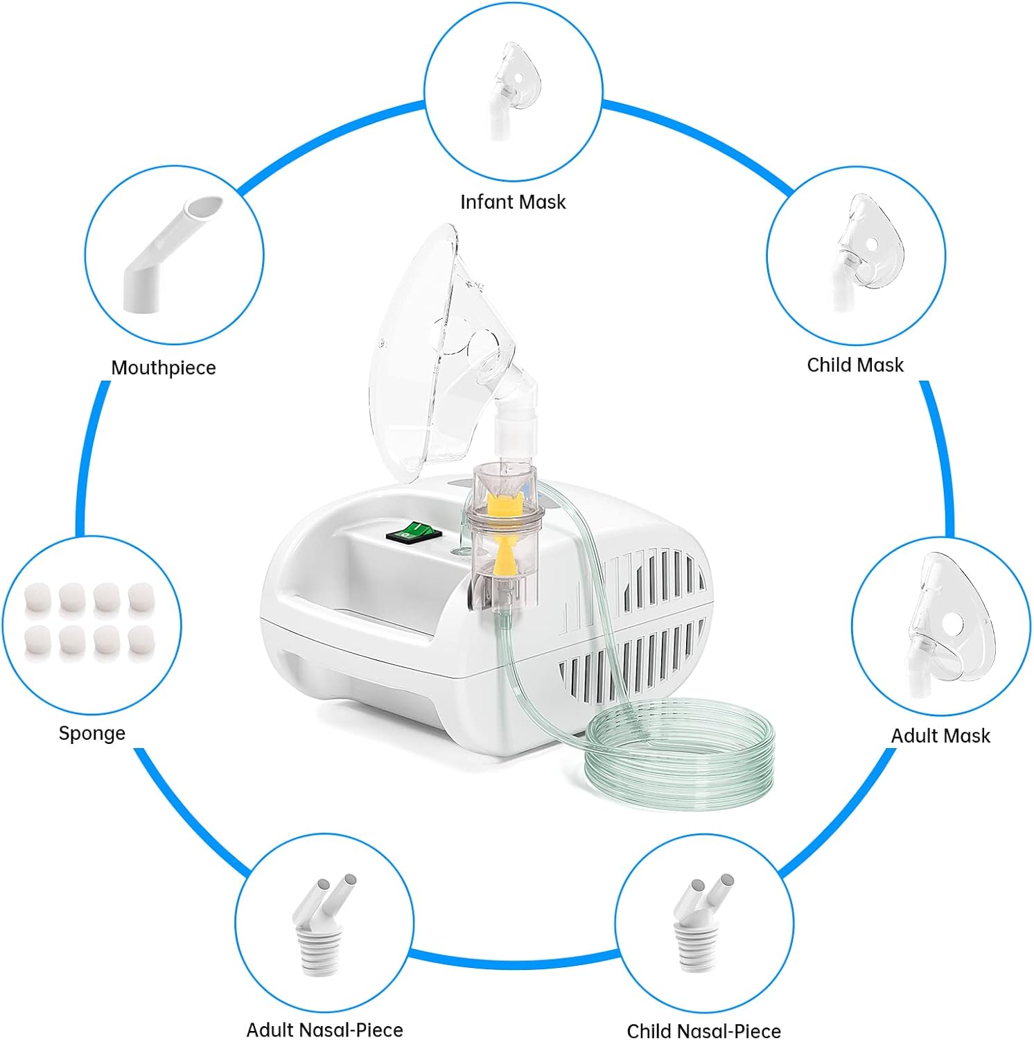 Hangsun compact compressor nebuliser machine with various masks and mouthpieces for all ages