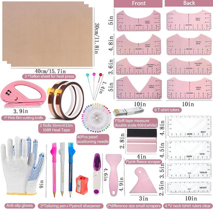 Sublimation shirt tool kit including cutting tools, rulers, and accessories for fabric crafting