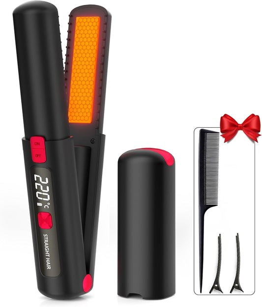 Burmong cordless hair straightener rechargeable with digital display and comb set for styling on the go