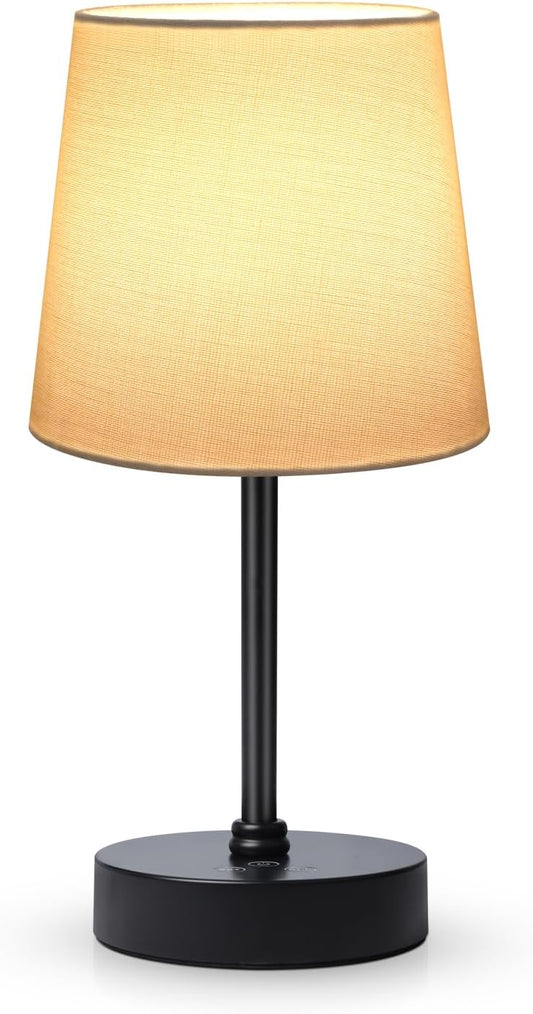 Smanu cordless rechargeable table lamp with a fabric shade and a modern sleek black base