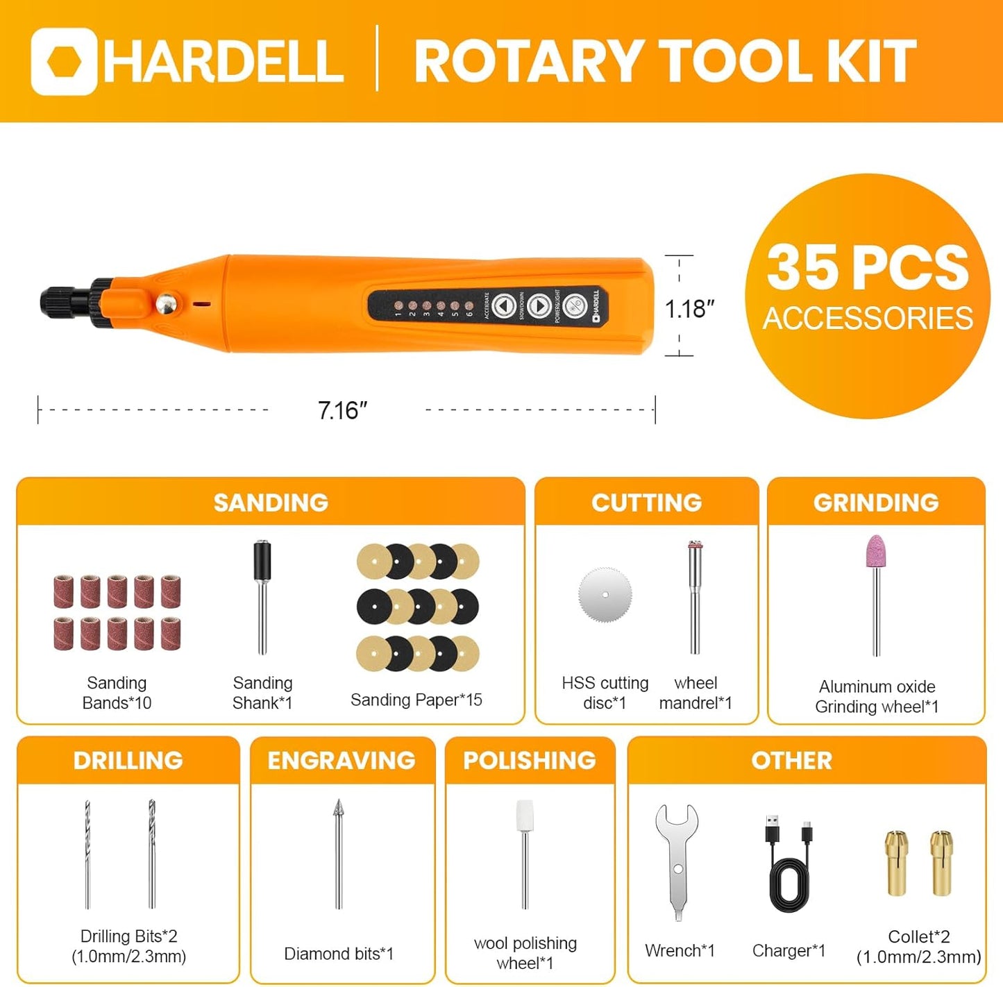 HARDELL cordless rotary tool kit 4V with 35 accessories for sanding, cutting, and drilling tasks