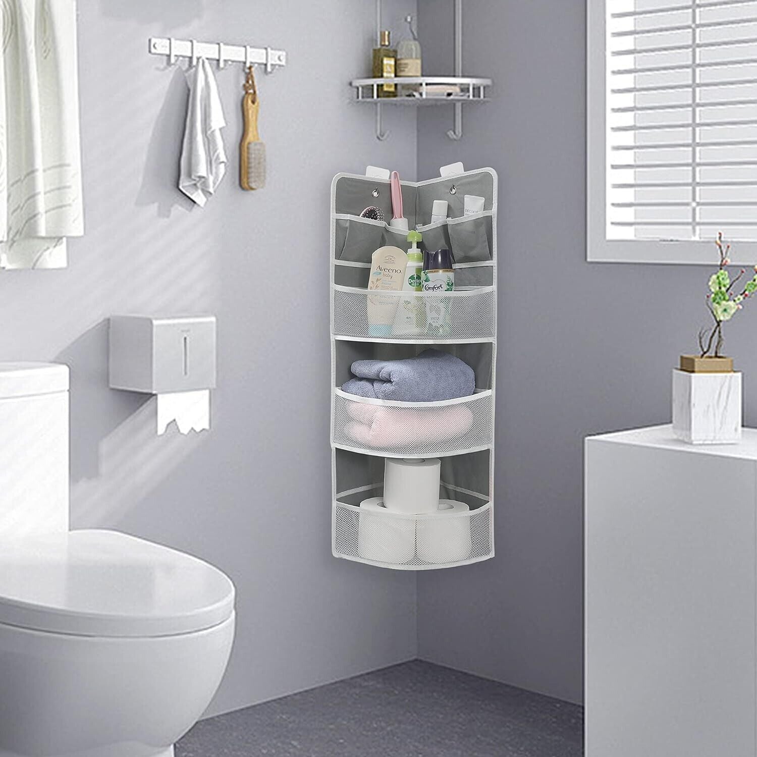 JarM corner hanging 3 tier shelf designed for efficient bathroom storage and organisation