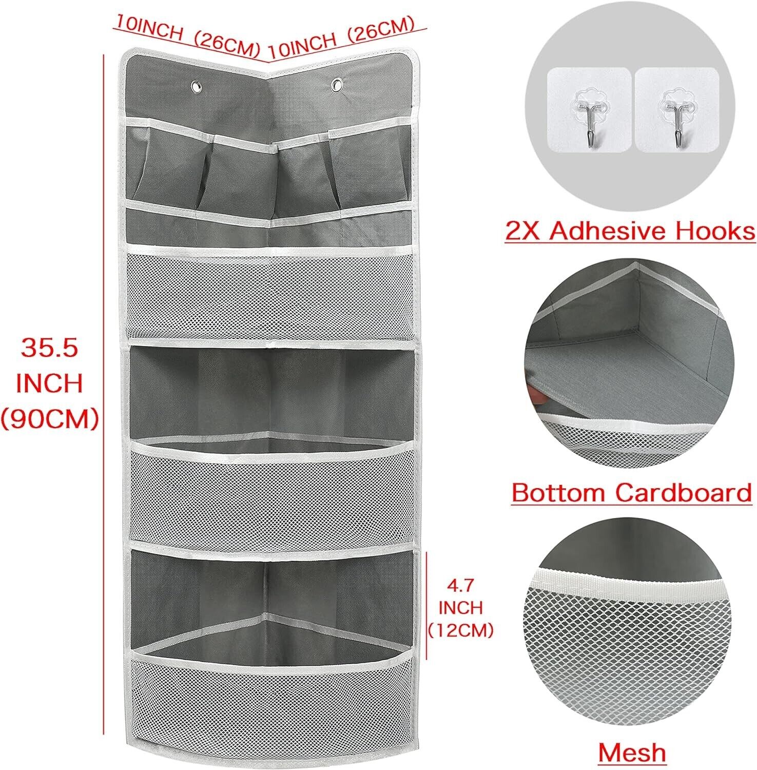 Corner hanging 3 tier shelf in grey with mesh pockets and adhesive hooks for space-saving storage