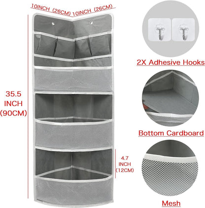 Corner hanging 3 tier shelf in grey with mesh pockets and adhesive hooks for space-saving storage