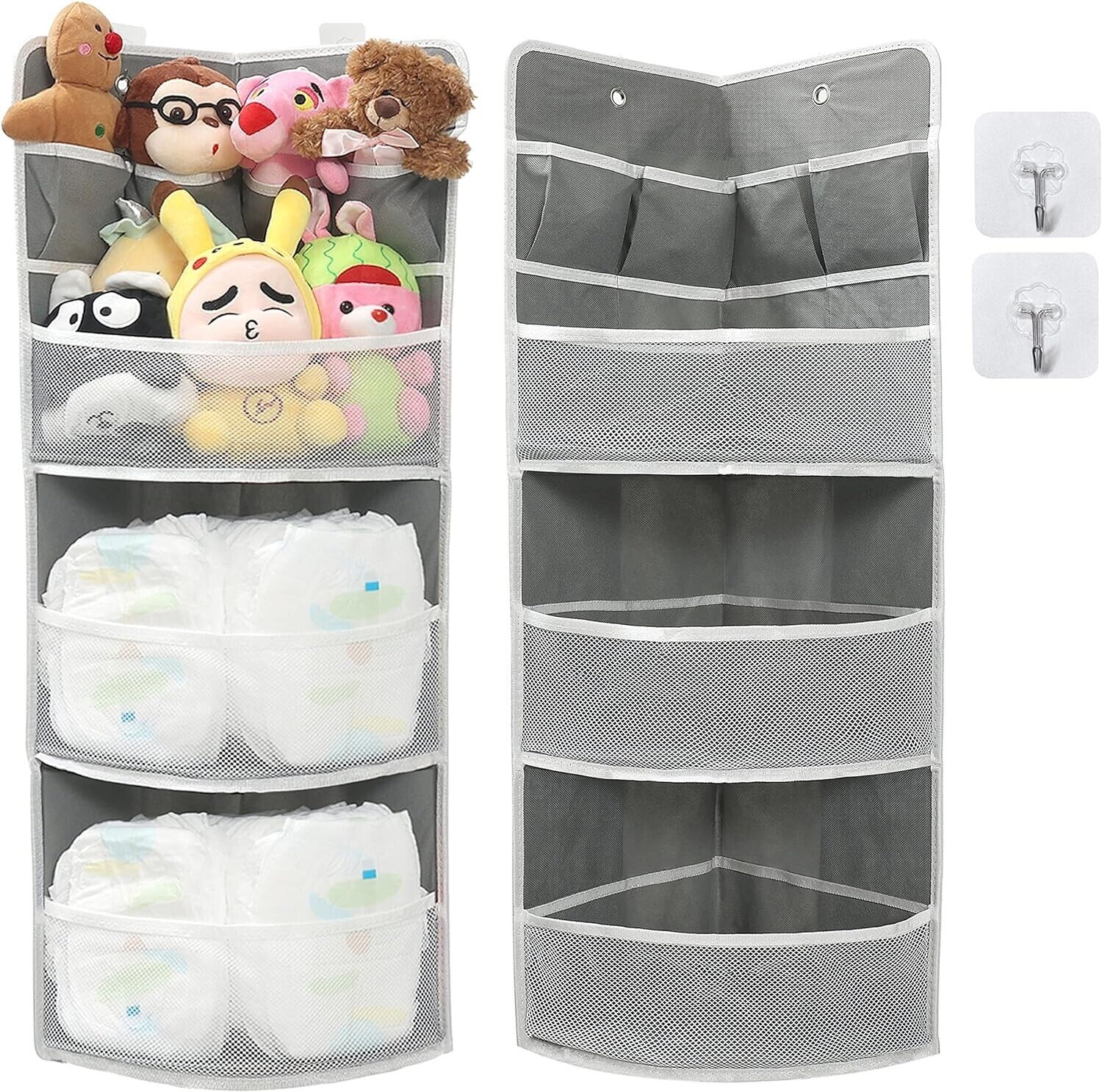 JarM corner hanging 3 tier shelf with mesh pockets for toys and baby items organization