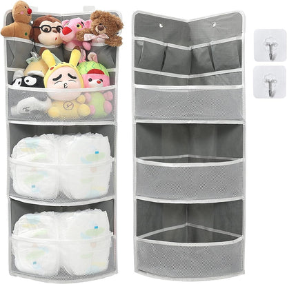 JarM corner hanging 3 tier shelf with mesh pockets for toys and baby items organization
