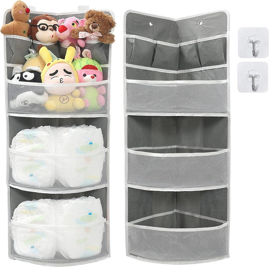 JarM corner hanging 3 tier shelf with mesh pockets for toys and baby items organization