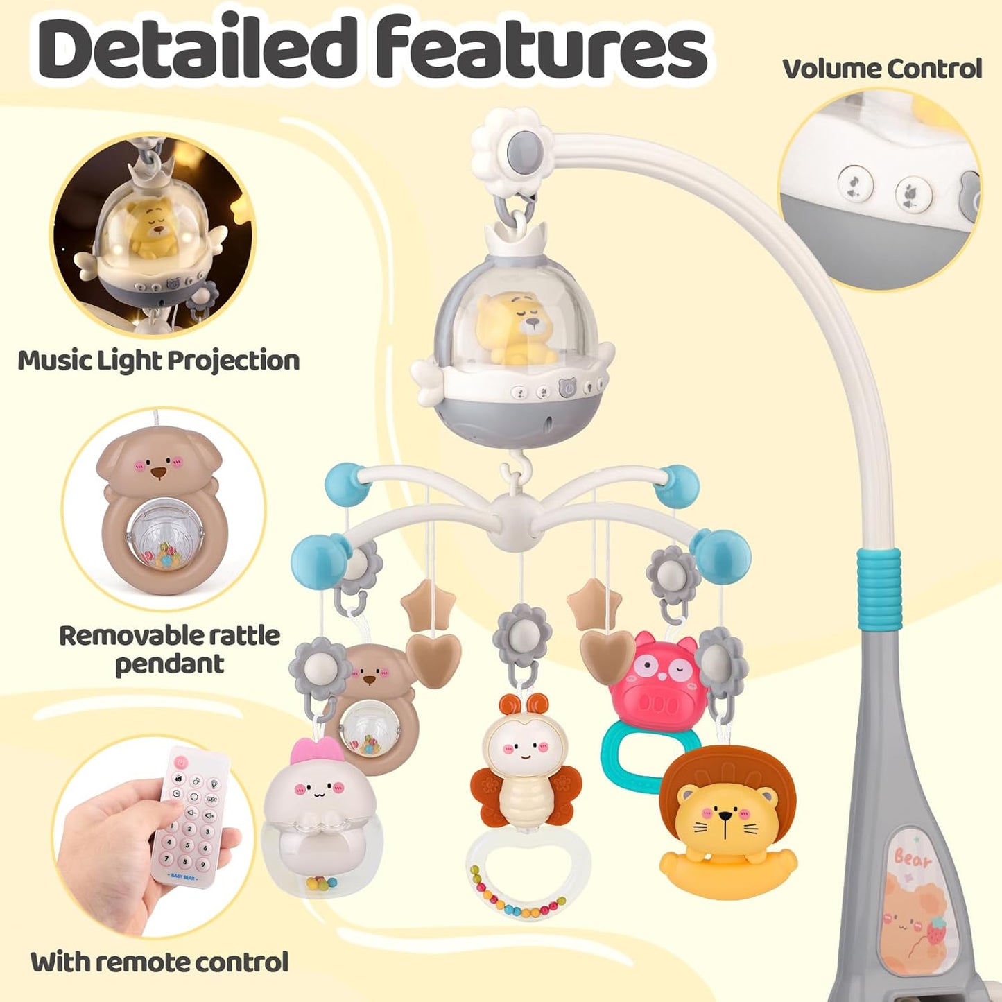 Nicknack cot mobile for babies featuring musical lights and removable rattle pendants
