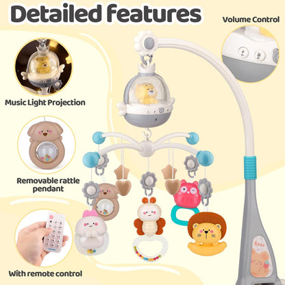 Nicknack cot mobile for babies featuring musical lights and removable rattle pendants