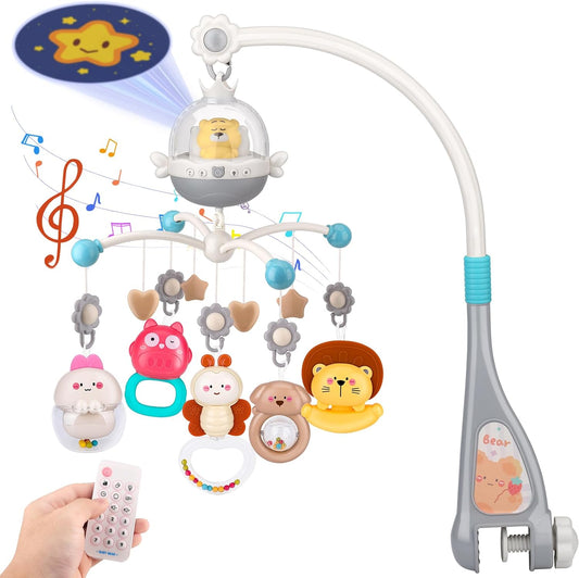 Nicknack cot mobile for babies with musical features and colourful plush toys for sensory engagement