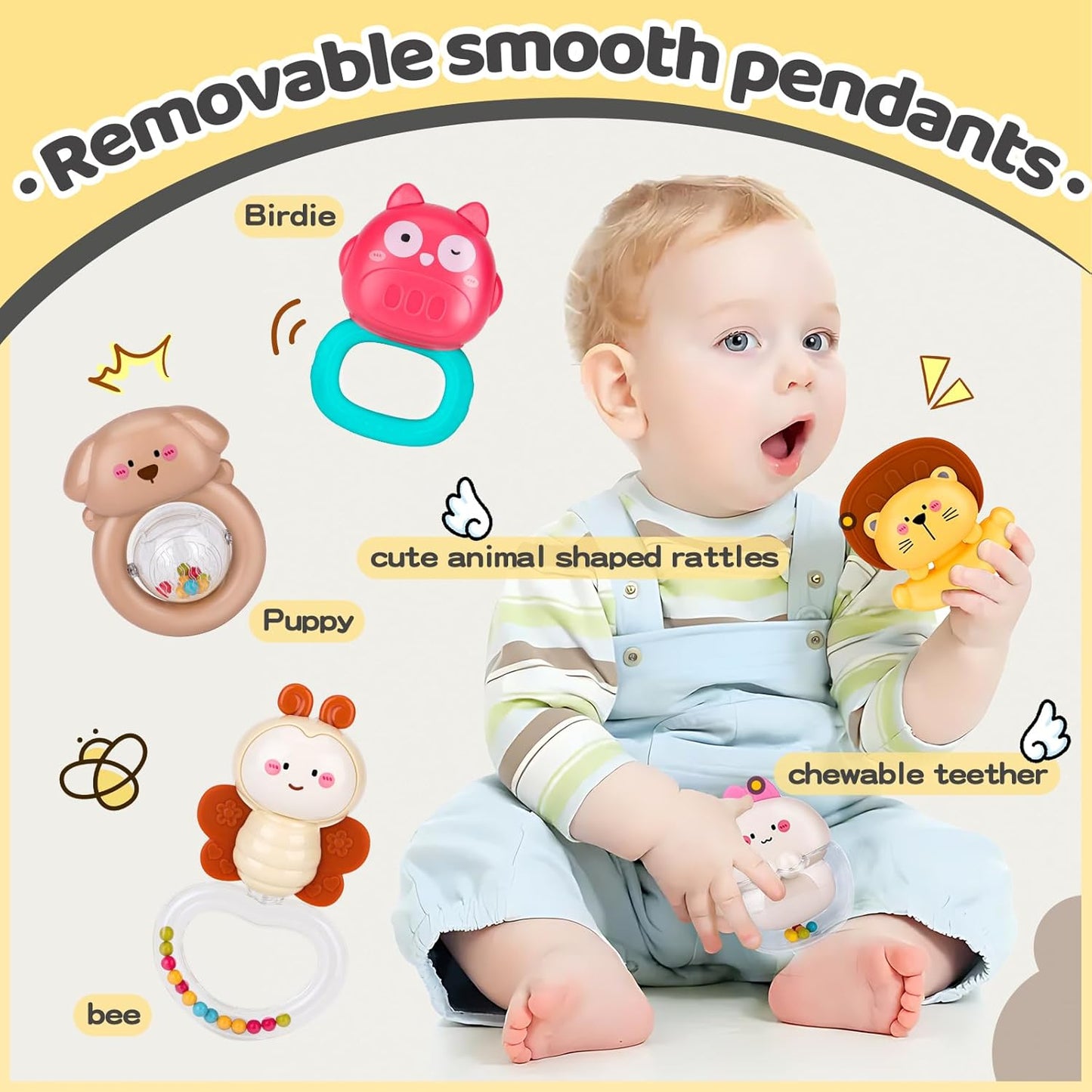 Colourful Nicknack cot mobile for babies featuring animal-shaped rattles and teething toys
