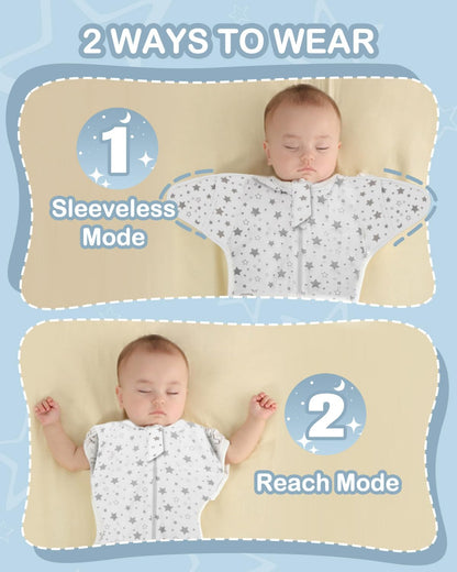 Moxtoyu cotton baby swaddle blanket with two modes: Sleeveless and Reach for comfortable sleeping