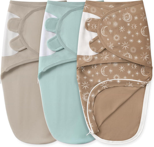 Unnivoll cotton baby swaddles with zipper in beige, teal, and brown star patterns for easy wrapping