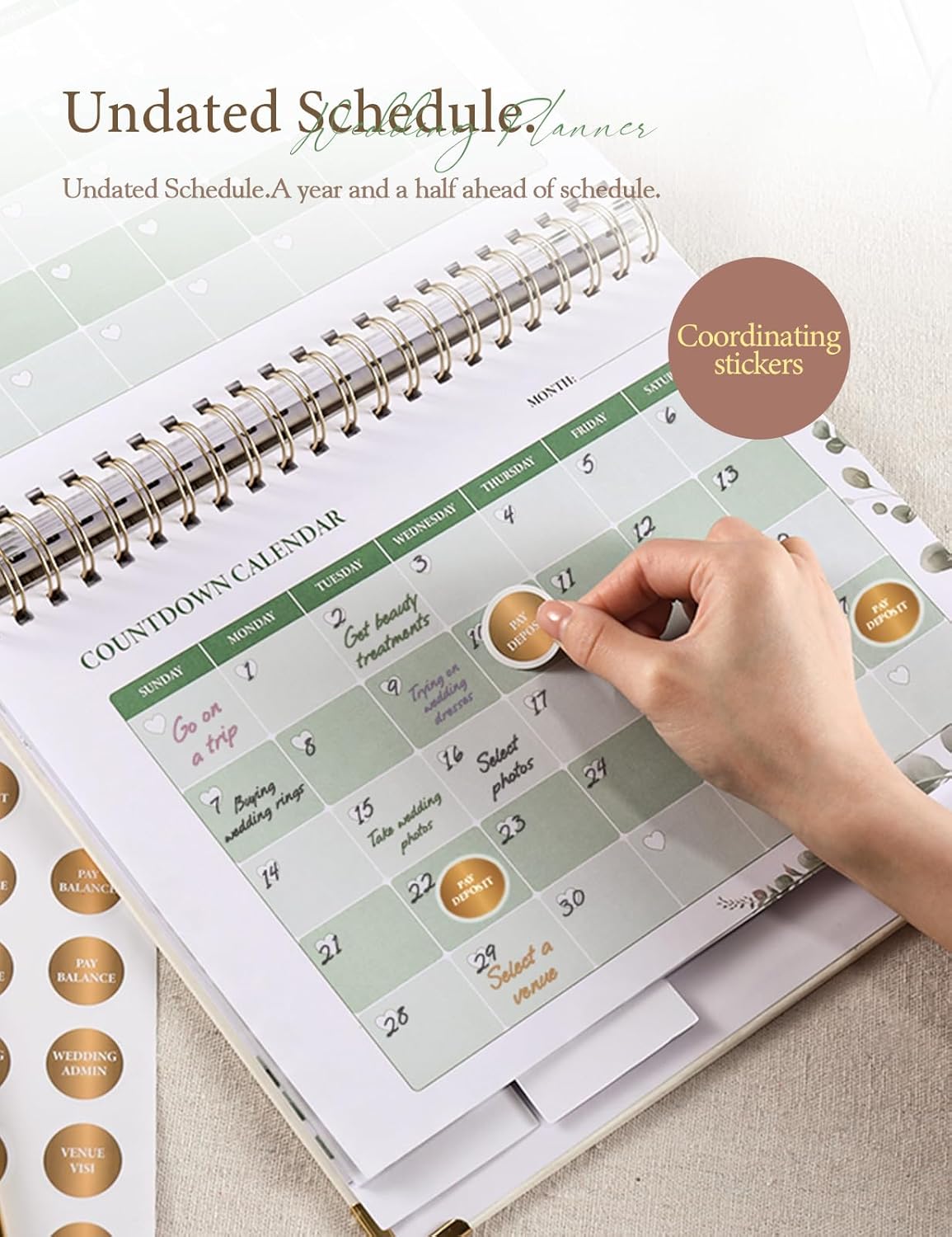 Aisbugur wedding planner book UK featuring an undated schedule and coordinating stickers for organisation