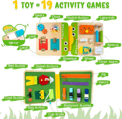 Crocodile busy board for kids featuring gears, clock, shoelace, and various activity games for learning.